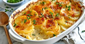 A casserole of delicious and golden-brown scalloped potatoes with herbs