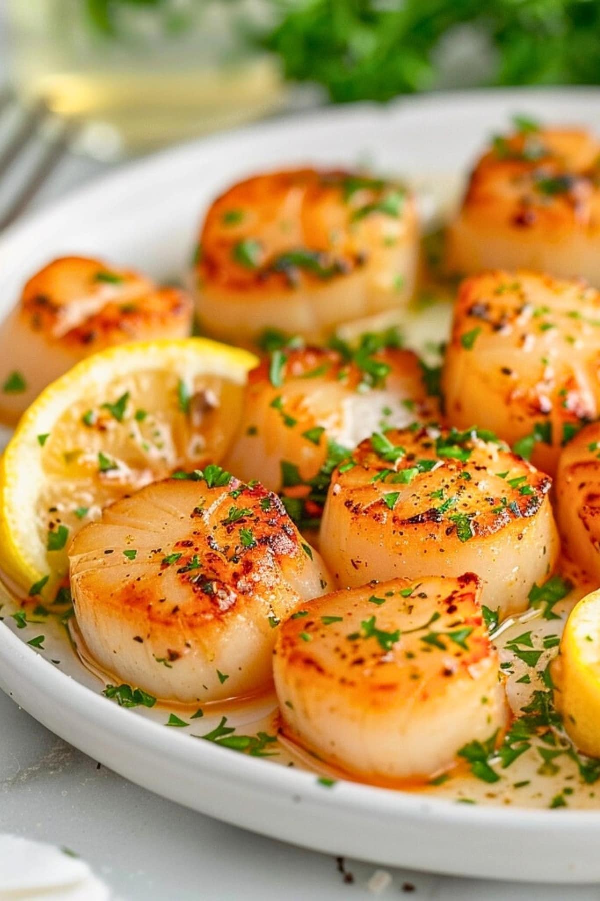 Air fried scallops in garlic butter sauce in a white plate with lemon wedge garnish.