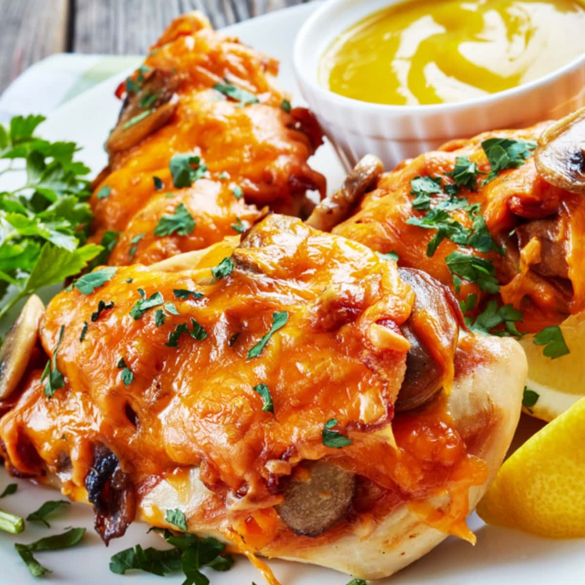 Closeup of cheesy baked chicken breast topped with honey mustard sauce and mushroom garnished with chopped parsley leaves. 