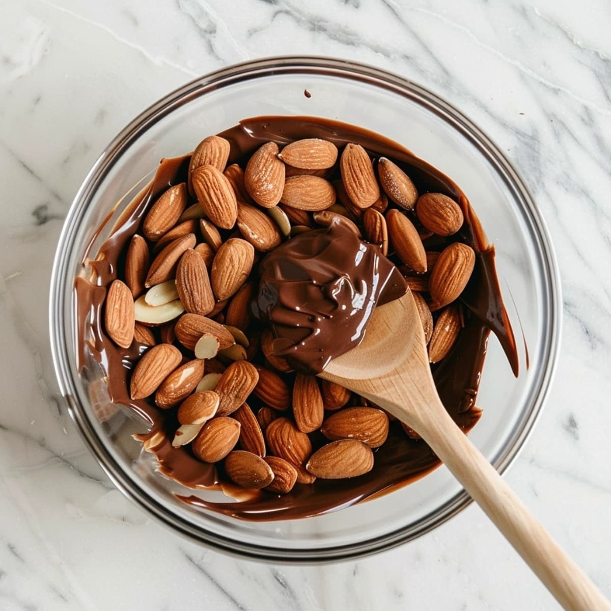 Toasted almonds tossed in melted chocolate.
