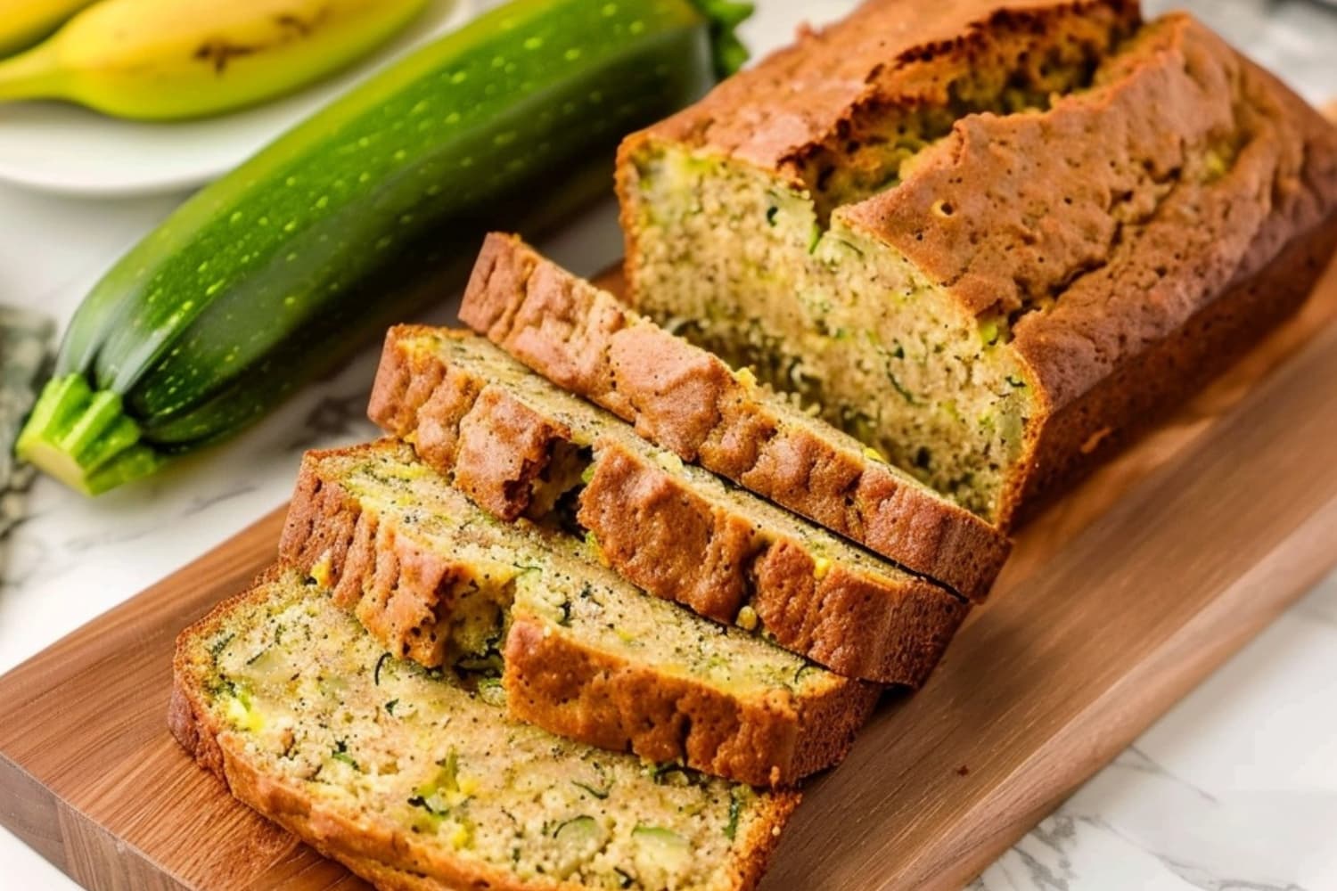 Sliced banana zucchini bread load in a wooden board.