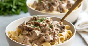 Beef Stroganoff served with egg noodles