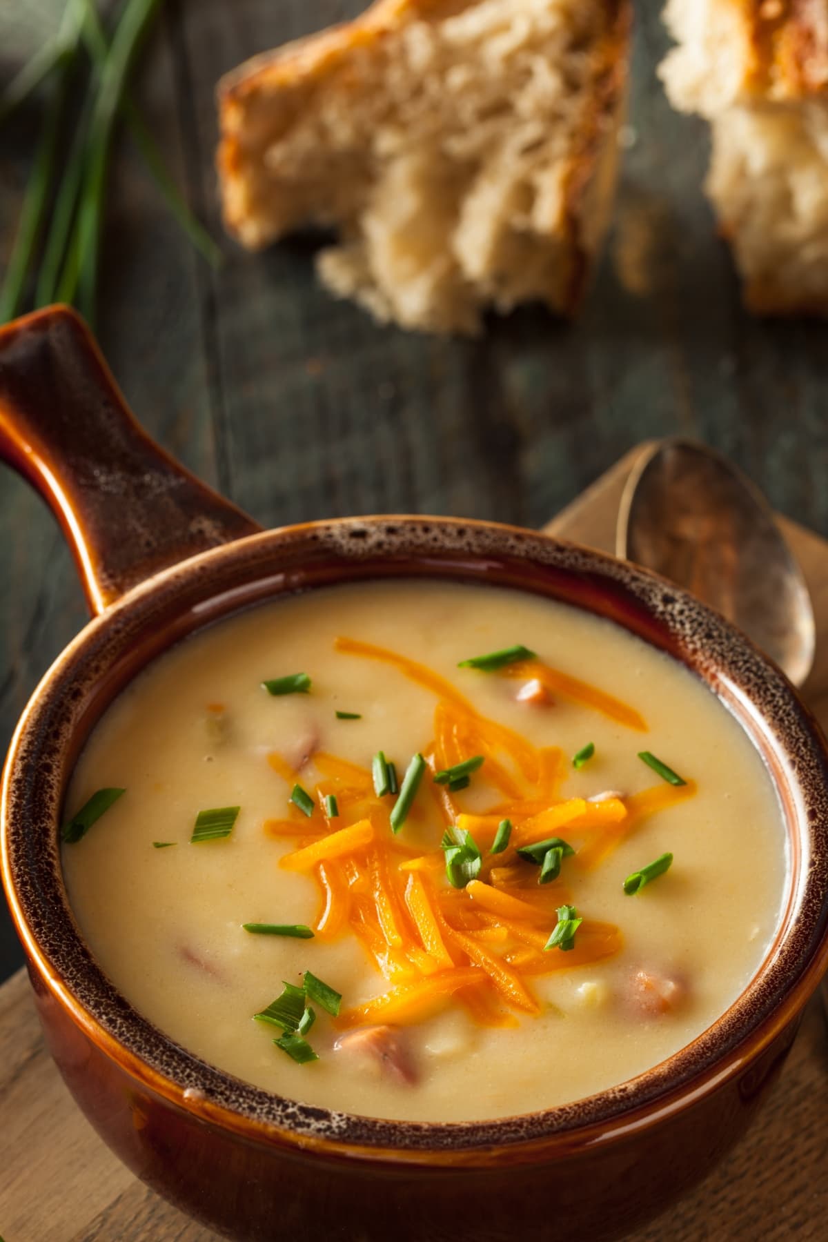 Beer cheese soup in a pot topped with grated cheese. 