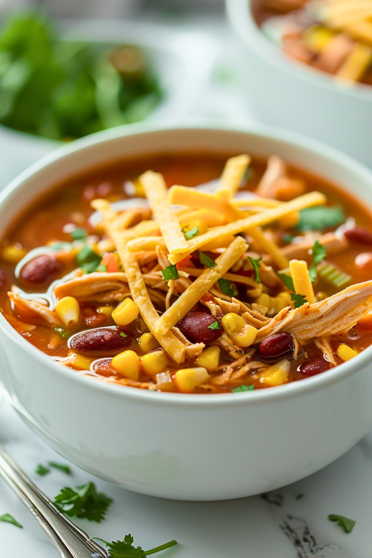 Chicken tortilla soup in a white bowl topped with sour cream.