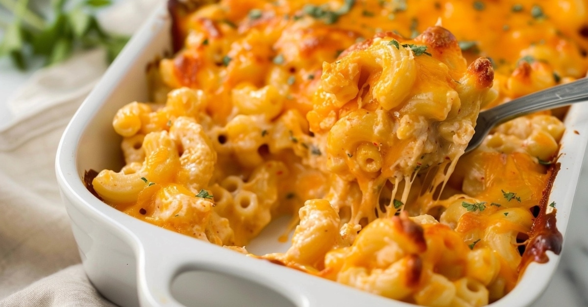 Mac and cheese in buffalo sauce and melted cheese scooped with a spoon.