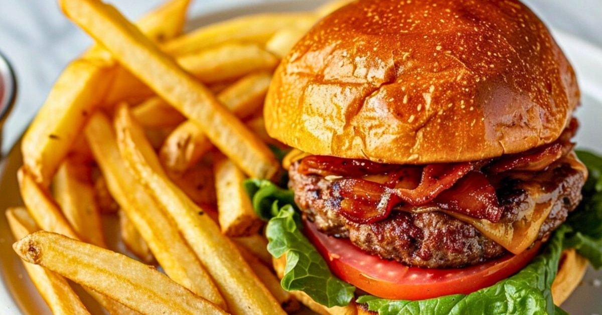 Burger with oven baked potatoes served with fries on a plate.