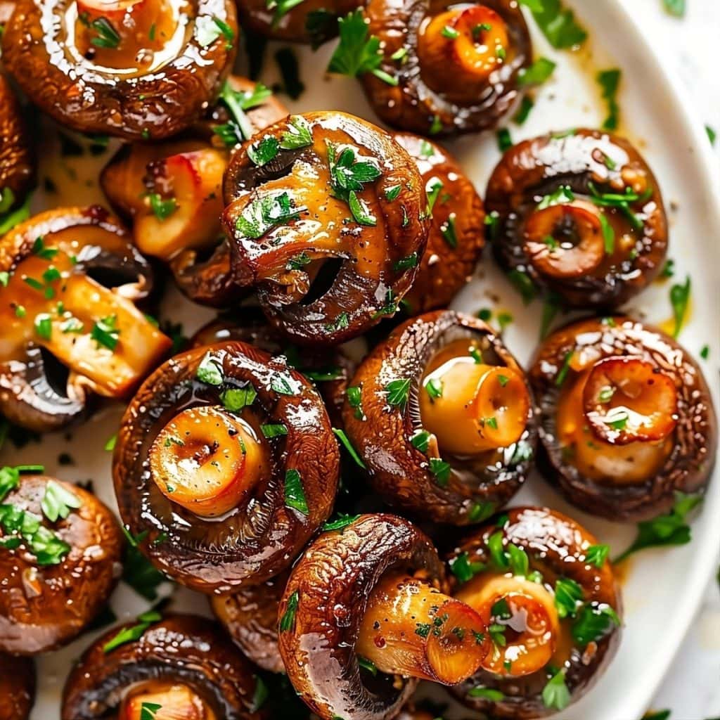 Garlic butter mushroom served with chopped parsley on a white plate