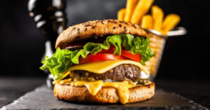 Cheesy Hamburger with Vegetables and Fries