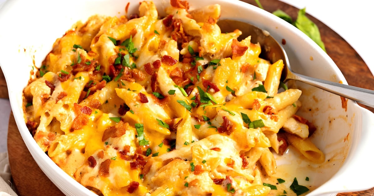 Chicken bacon casserole on a white baking dish.