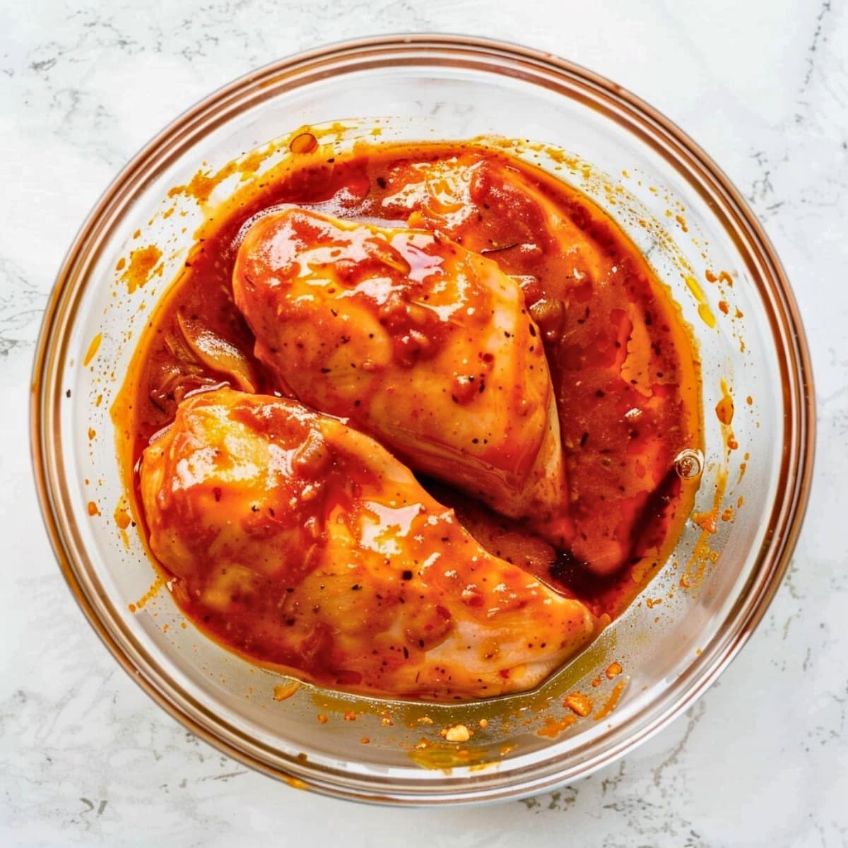 Chicken breast marinated in with sauce made with apple cider vinegar and light brown sugar, oil, hot sauce, salt, pepper, and red pepper flakes, top view on top of white marble table.