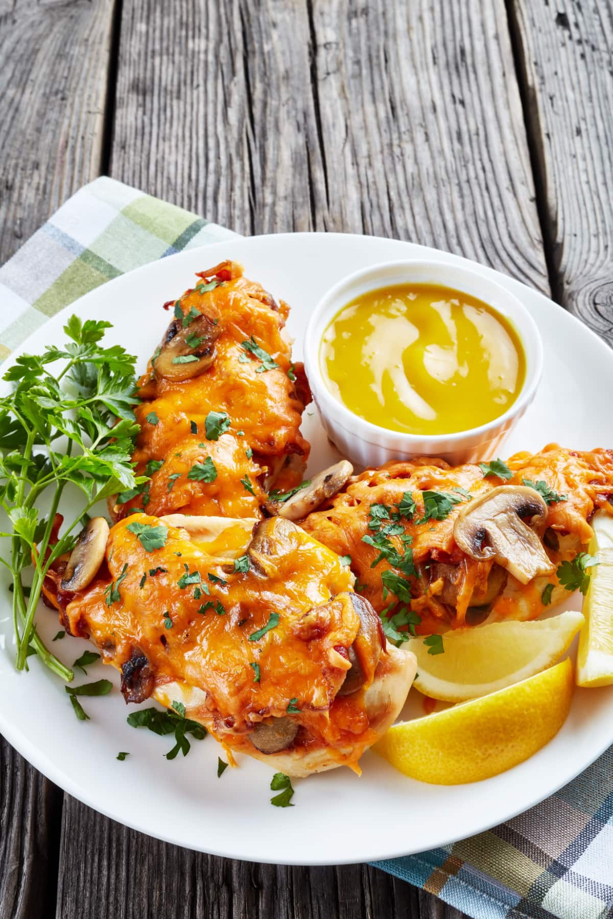 Chicken breast topped with honey mustard sauce and mushroom. 