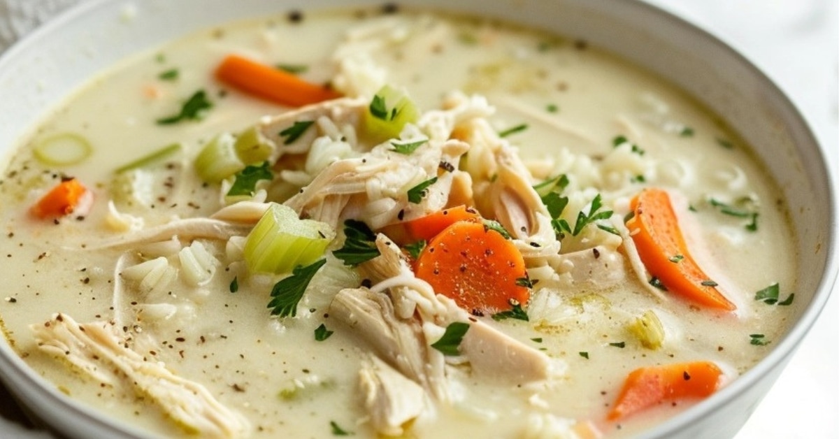 Close up view of a bowl of chicken lemon rice soup