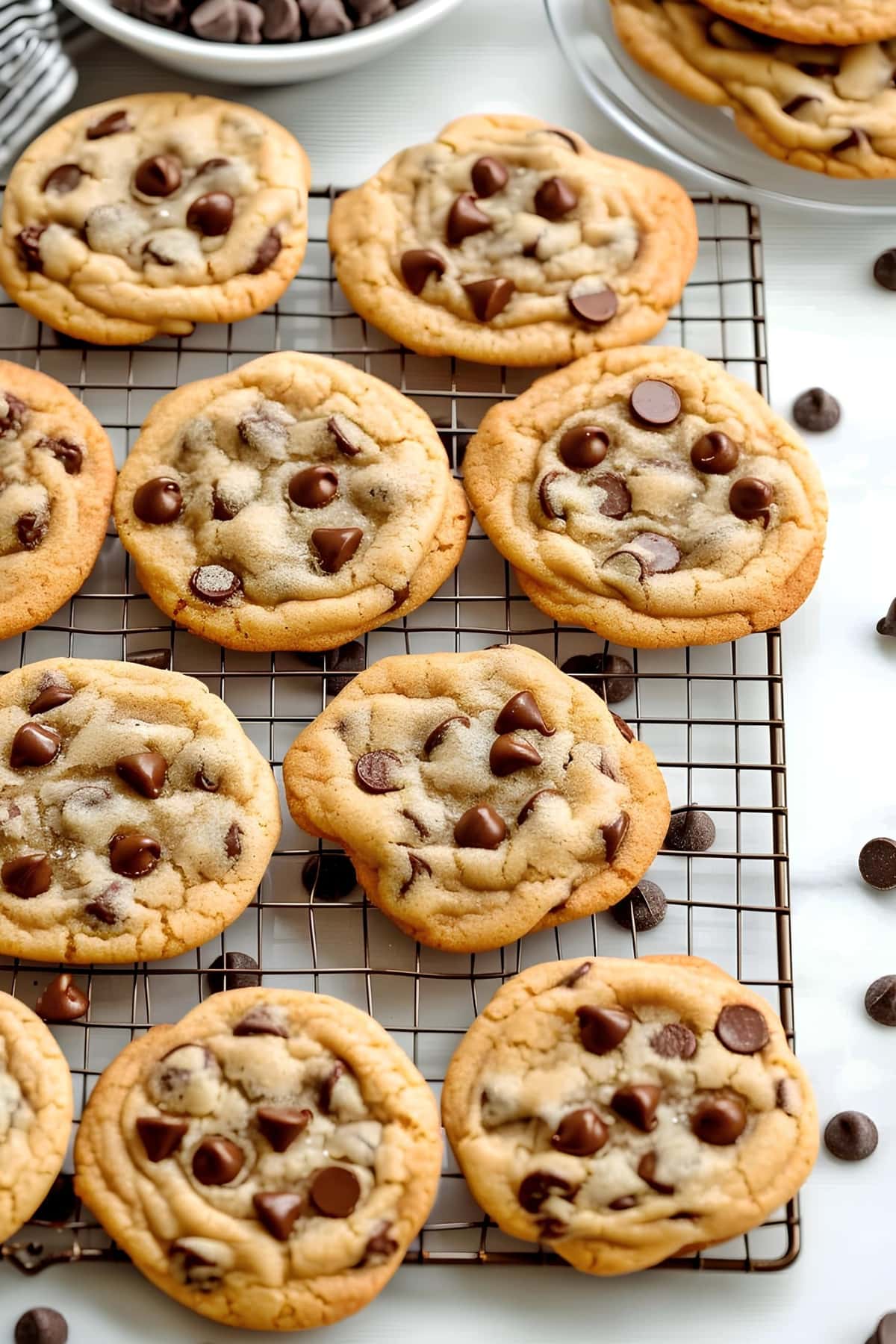Homemade soft and chewy chocolate chip cookies on a cooling rack
