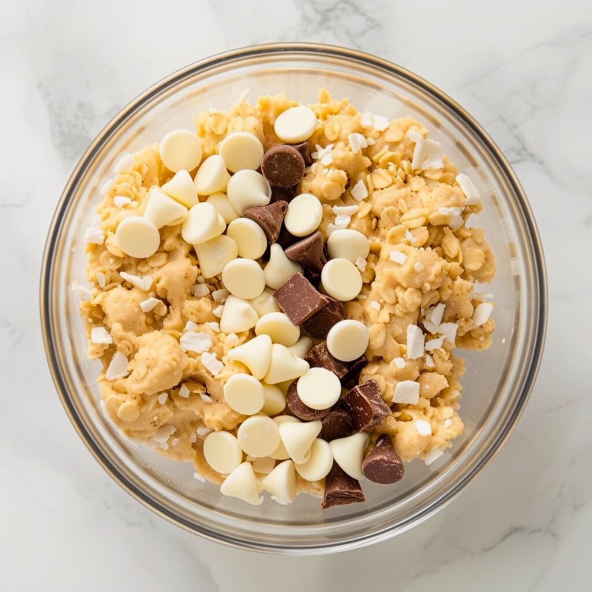 Cookie dough with white and chocolate chips on a glass bowl.