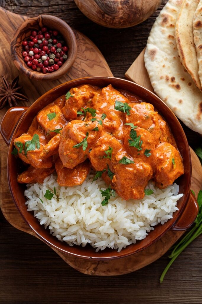 20 Easy Slow Cooker Curries. Photo shows Creamy Chicken Curry with Rice in a bowl served with naan bread and peppercorns.