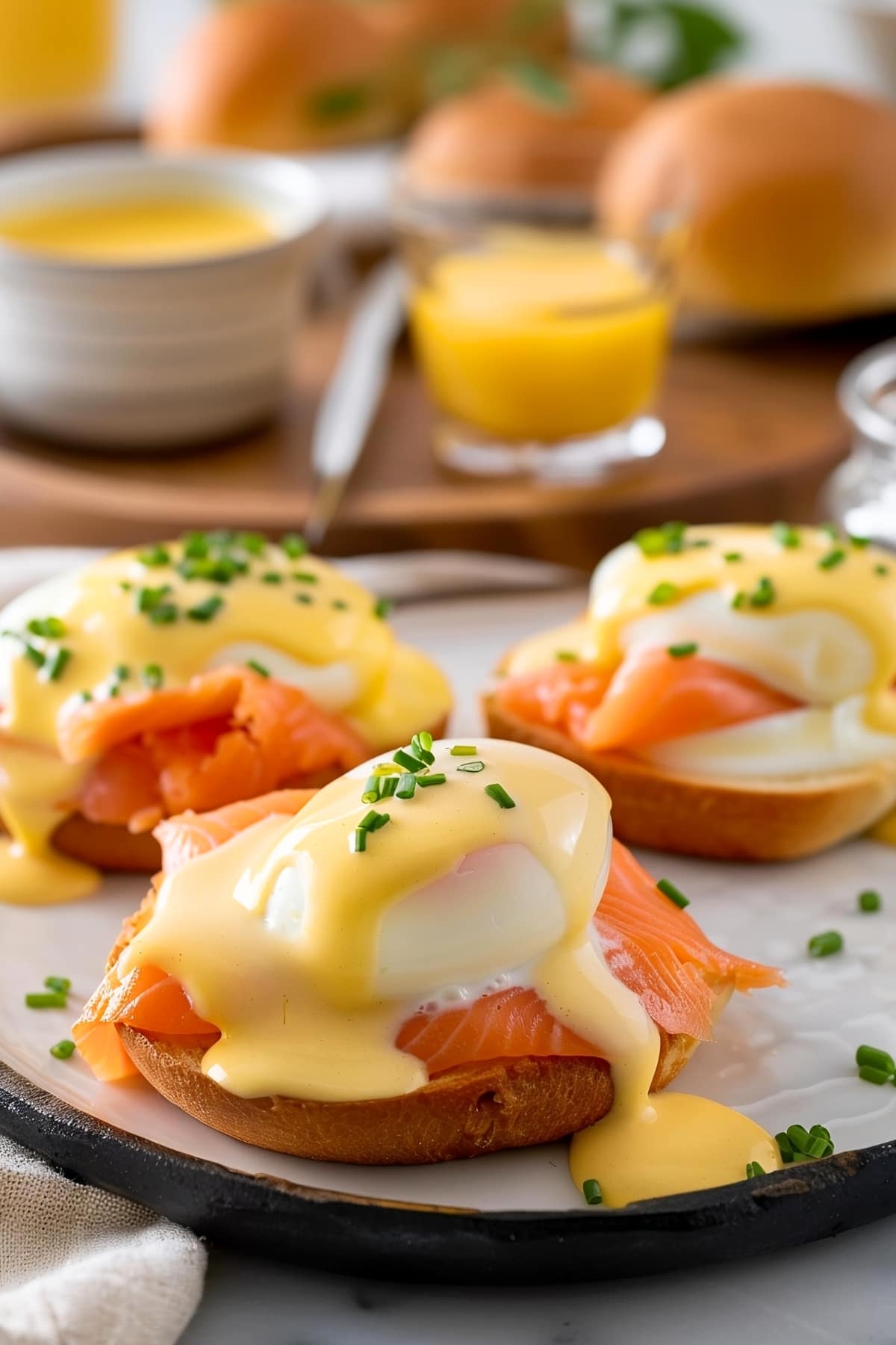 Homemade eggs benedict with hollandaise sauce and salmon