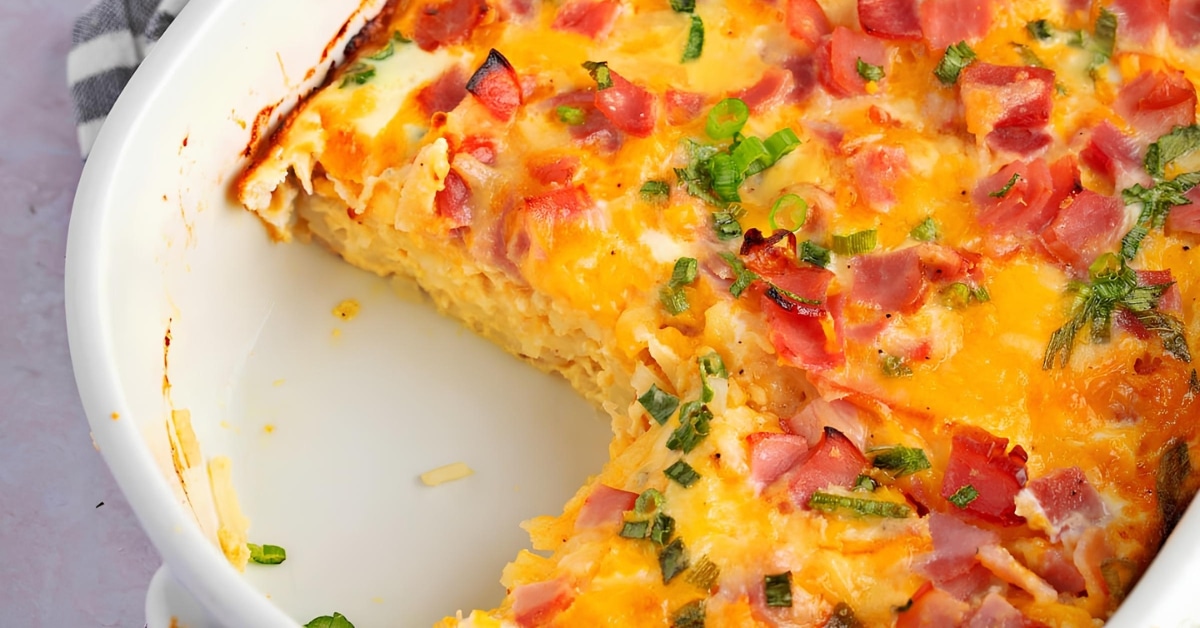 Farmer's Casserole: Hash Brown, Ham, Cheese and Cilantro in a Baking Dish