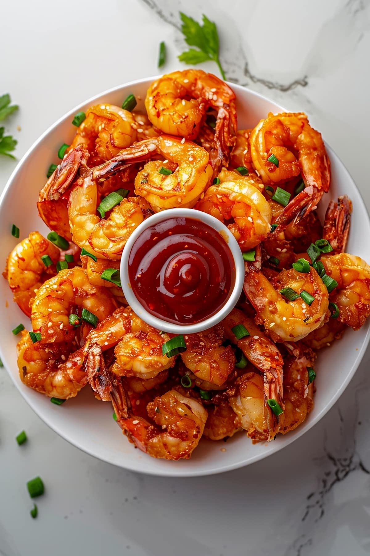 Firecracker shrimp in a bowl topped with sesame seeds and chopped green onions, served with sweet chili sauce