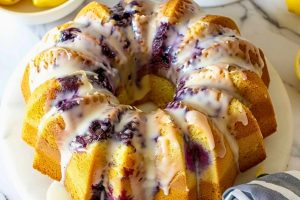 Glazed with white sugar lemon blueberry pound cake.