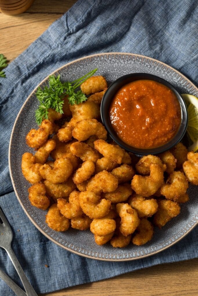 Homemade Deep Fried Popcorn Shrimp with Cocktail Sauce