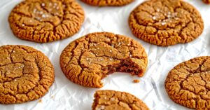 Several homemade ginger cookies sitting on a white parchment paper