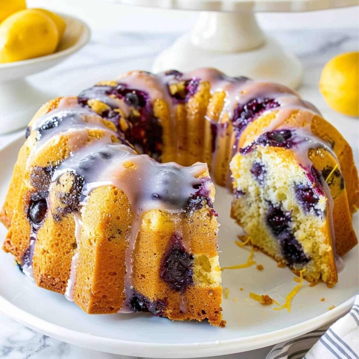 Sliced, portion missing lemon blueberry pound cake. 