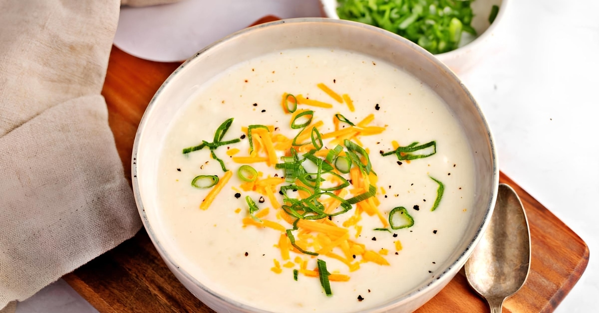 A serving of creamy potato soup in a bowl.