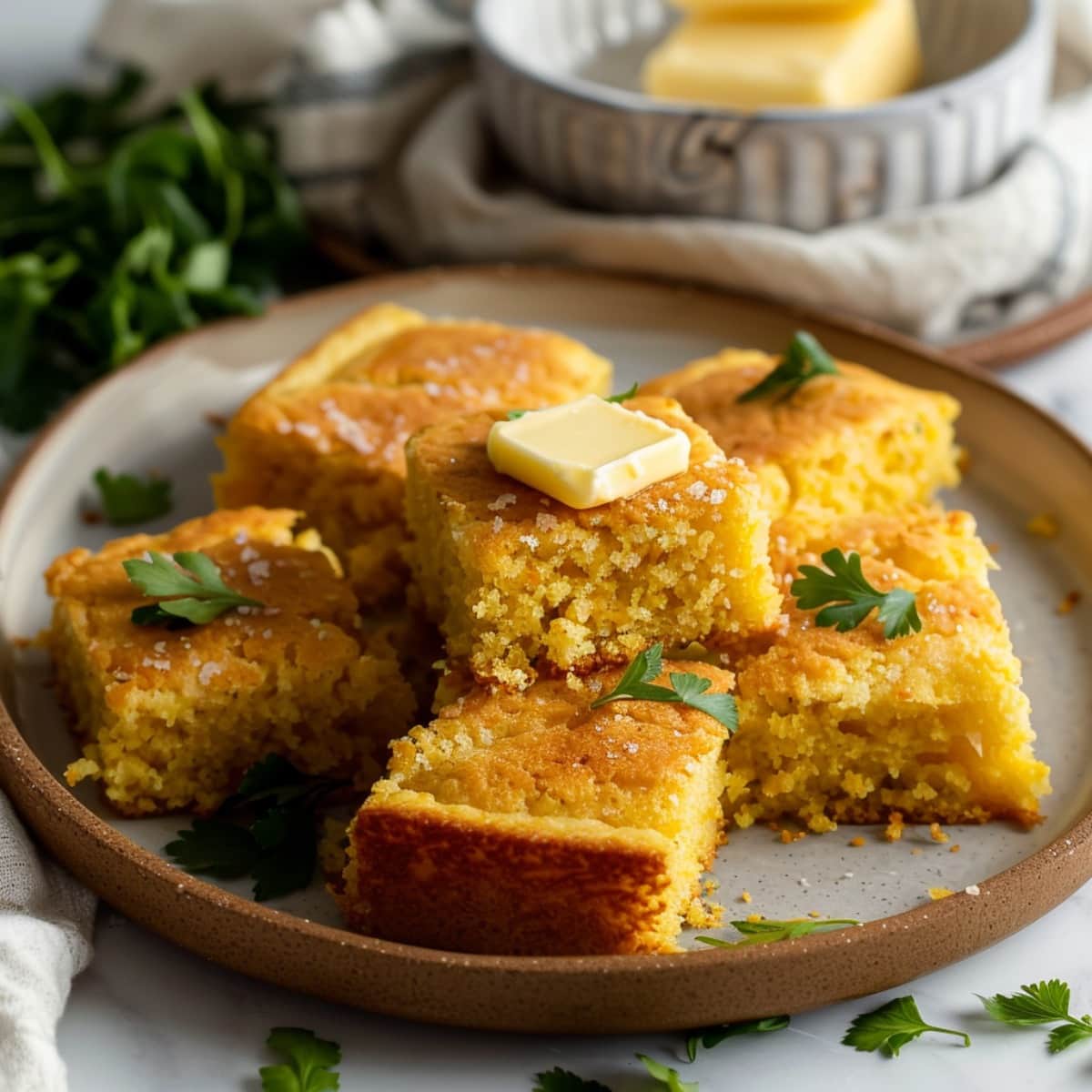 Ranch Cornbread on a plate with herbs and butter