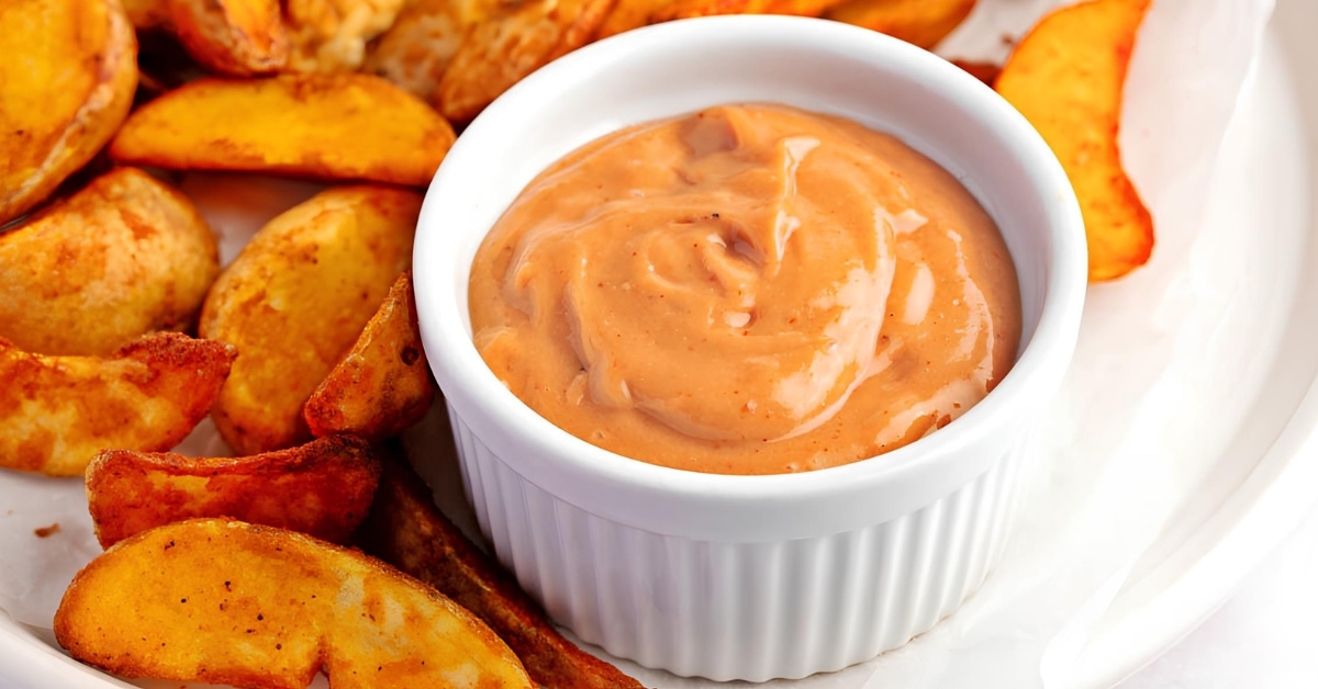 Plater of fried potato wedges with a bowl of dipping sauce.