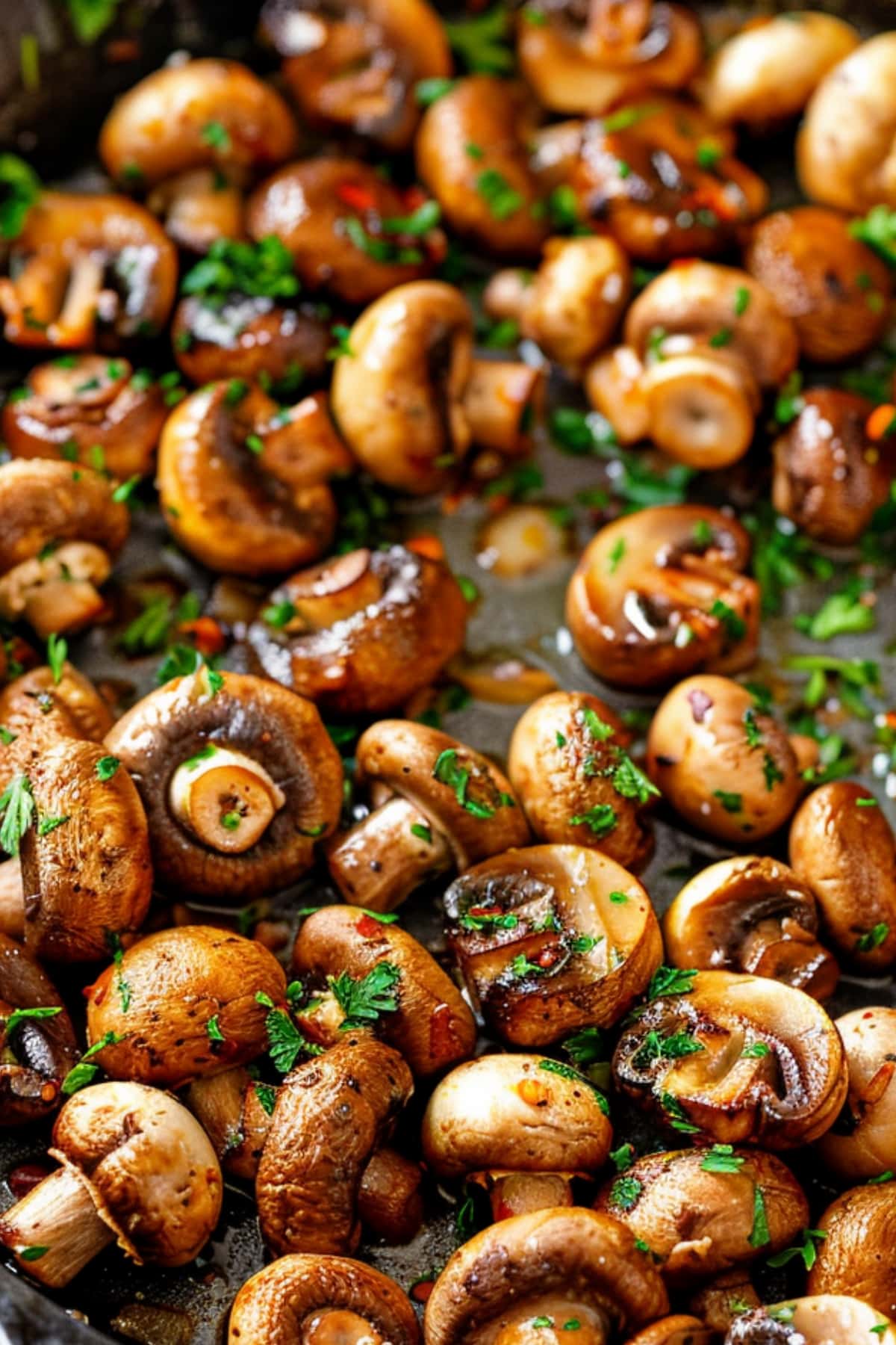 Sautéed button mushroom in a skillet with garlic butter and parsley