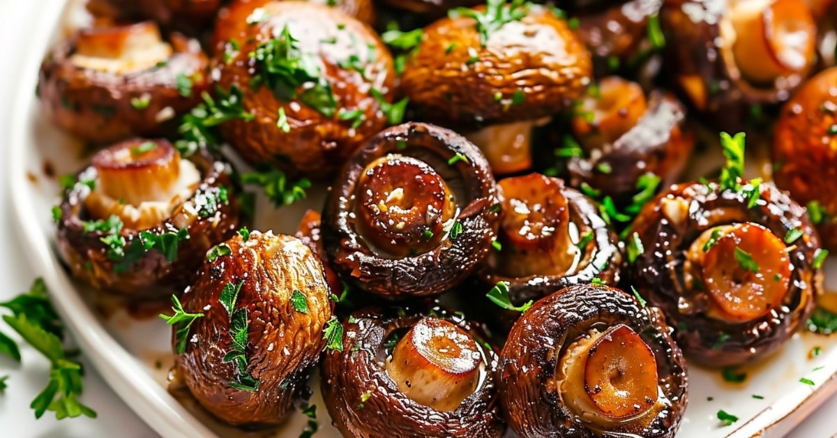 Sauteed garlic butter mushroom on a plate garnished with chopped parsley.