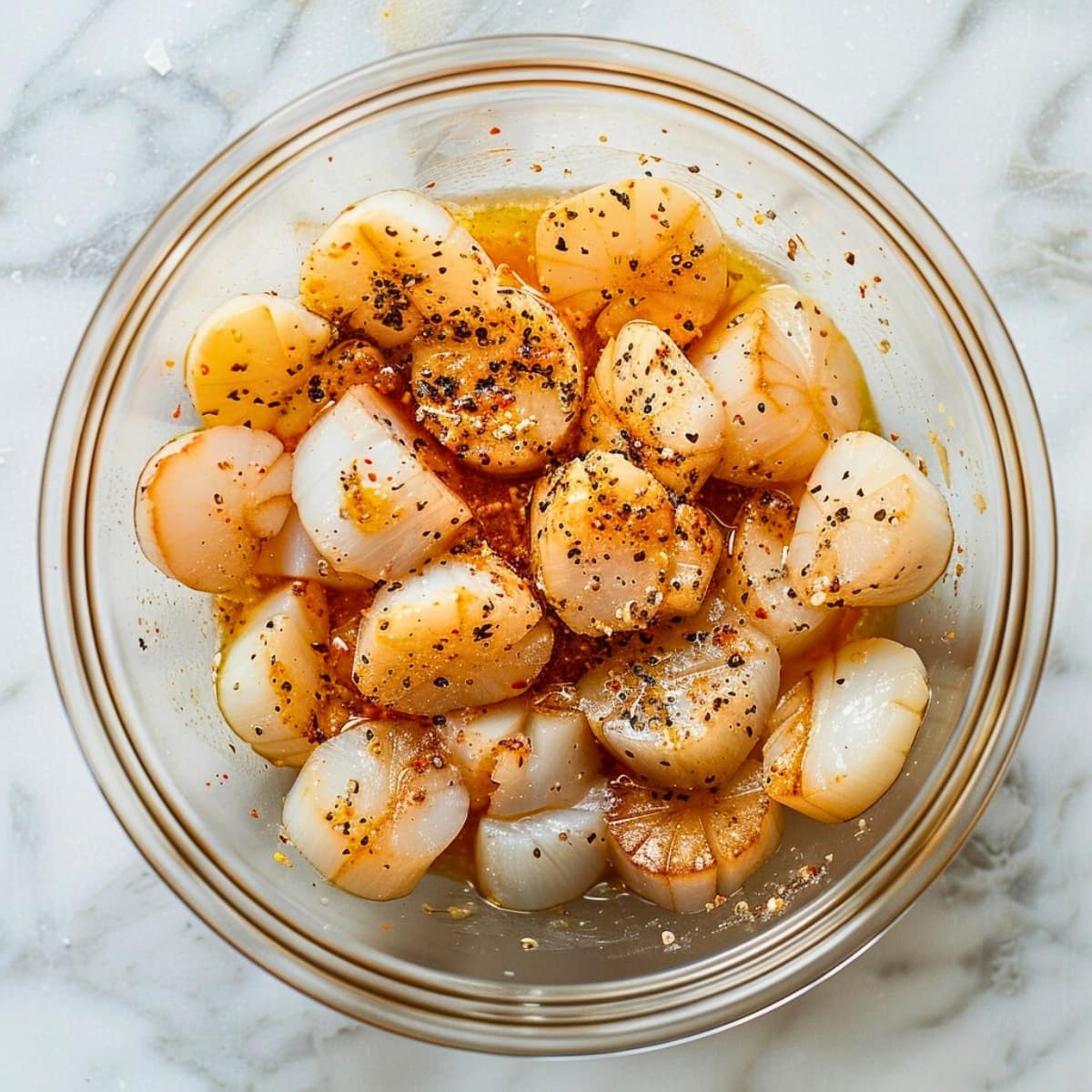 Fresh scallops seasoned in a glass bowl.