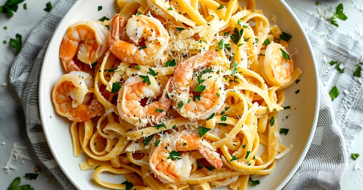 Homemade buttery shrimp linguine pasta