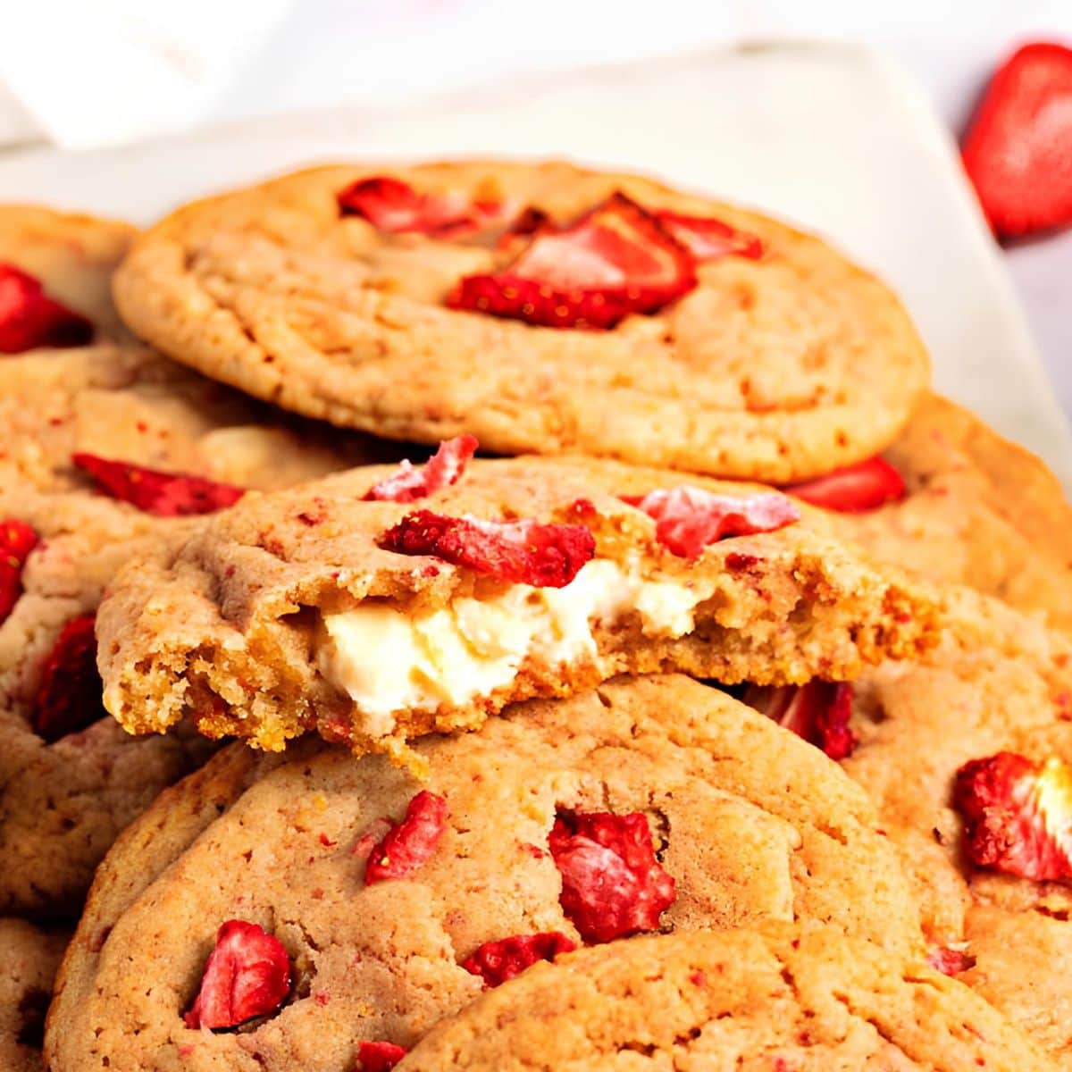 Bunch of strawberry cookies with cream filling. 