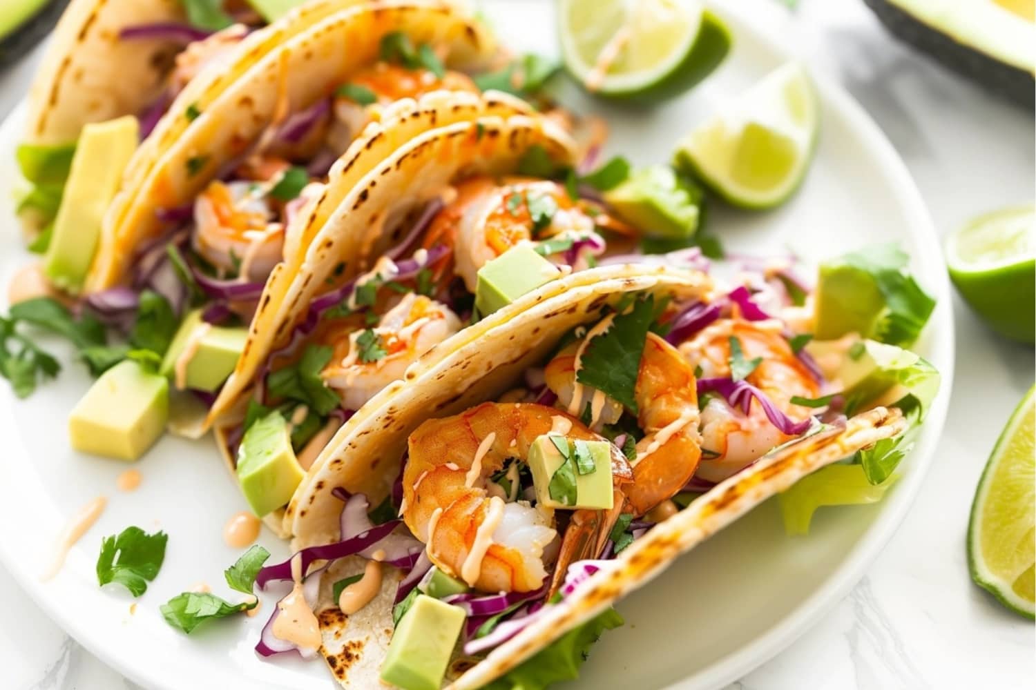 Taco shrimp arranged in a white plate.