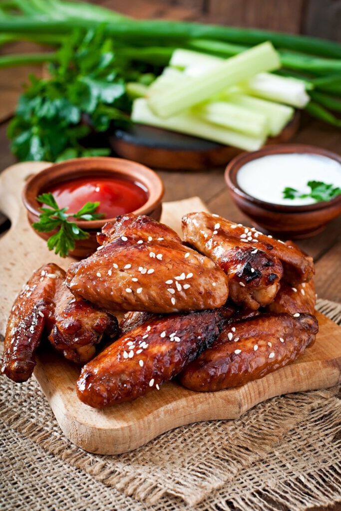 Teriyaki Chicken Wings on Wooden Board