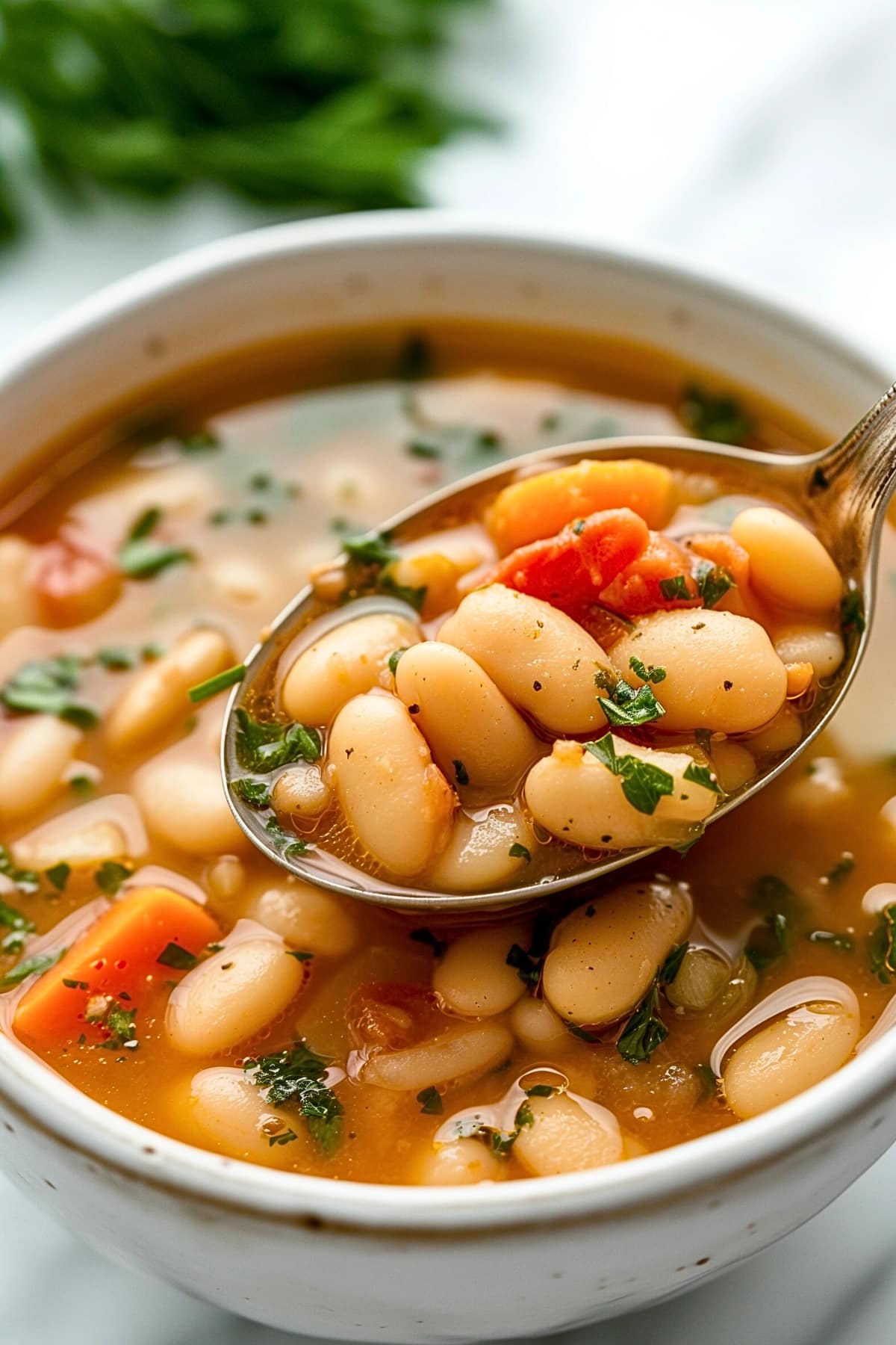 Spoon scooping a serving of white bean from a bowl. 