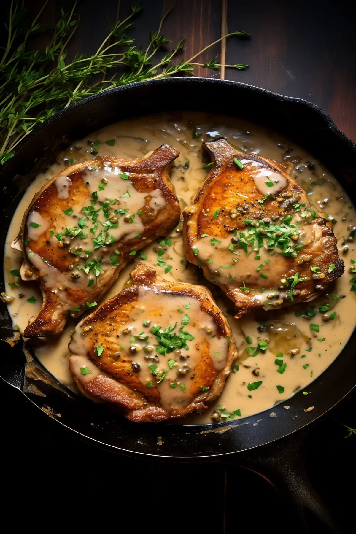 Smothered Pork Chops in a skillet with gravy